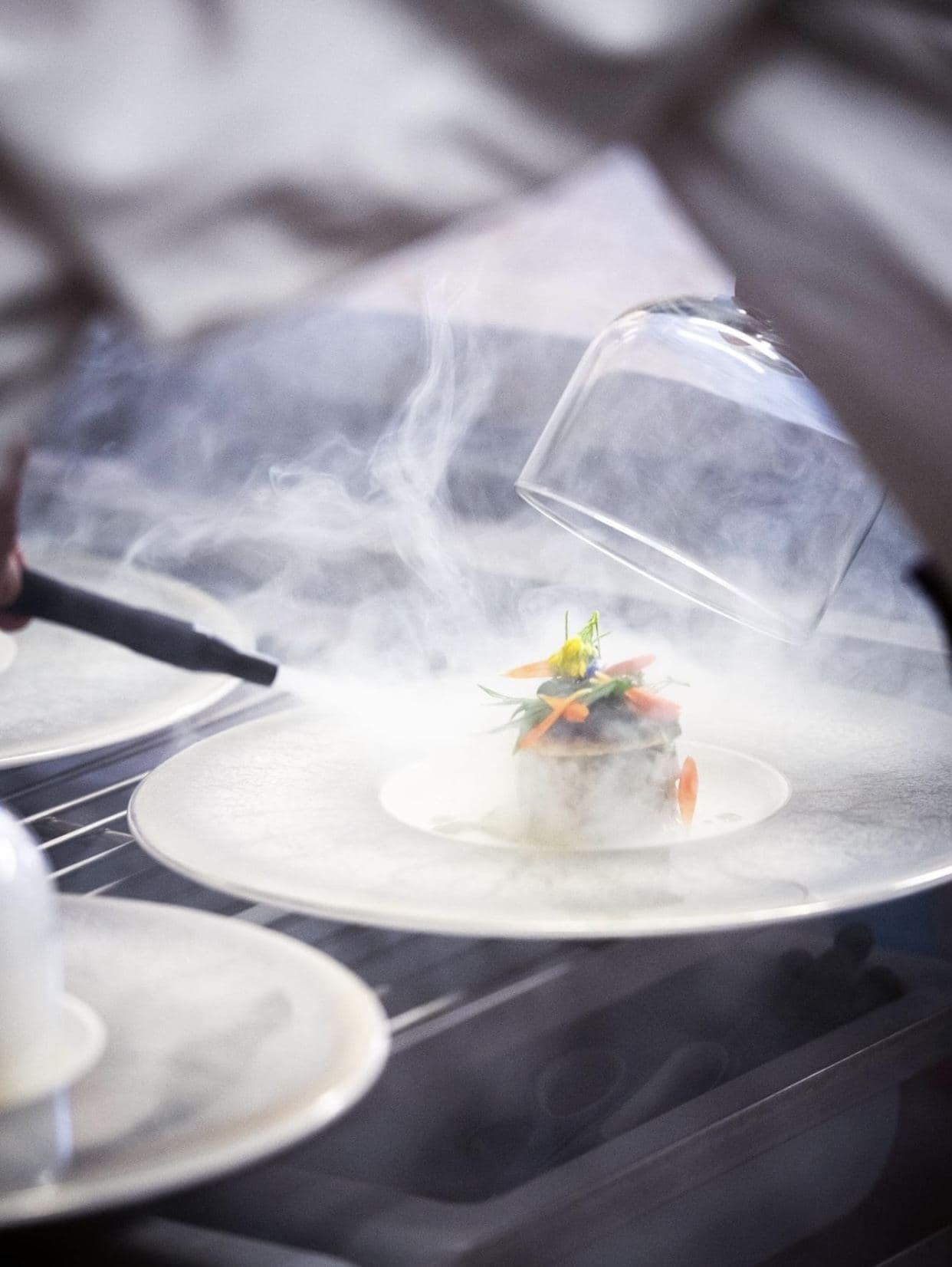 Service sous cloche fumée au restaurant
